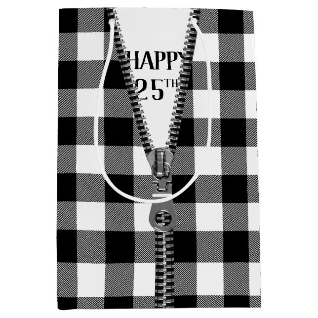 Sac Cadeau Moyen Zipper 25e Anniversaire Sur Buffalo Plaid (Devant)