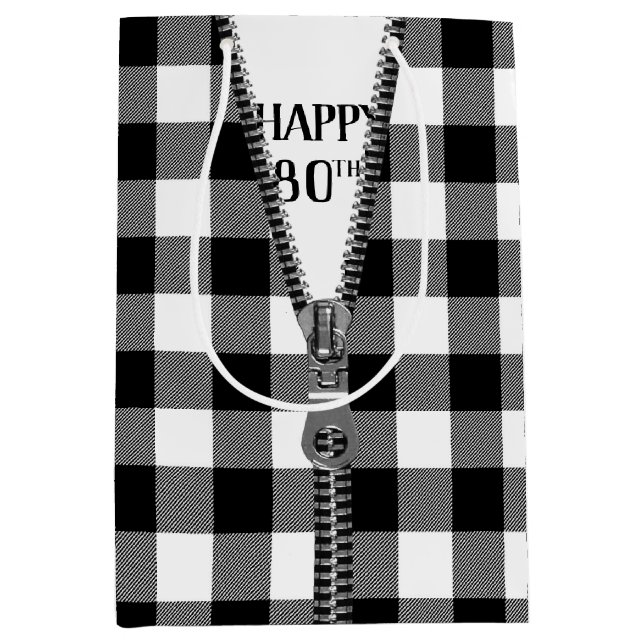 Sac Cadeau Moyen Zipper 80e Anniversaire Sur Buffalo Plaid (Devant)