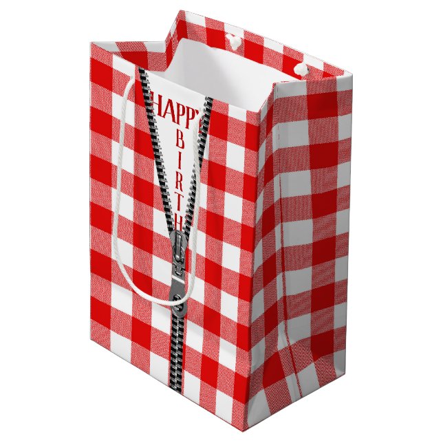 Sac Cadeau Moyen Zipper Anniversaire Sur Buffalo Plaid (Devant Angle)