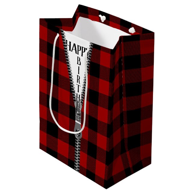 Sac Cadeau Moyen Zipper Anniversaire Sur Buffalo Plaid (Devant Angle)