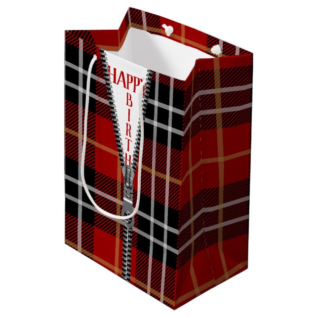 Sac Cadeau Moyen Zipper Anniversaire Sur Tartan Plaid (Devant Angle)