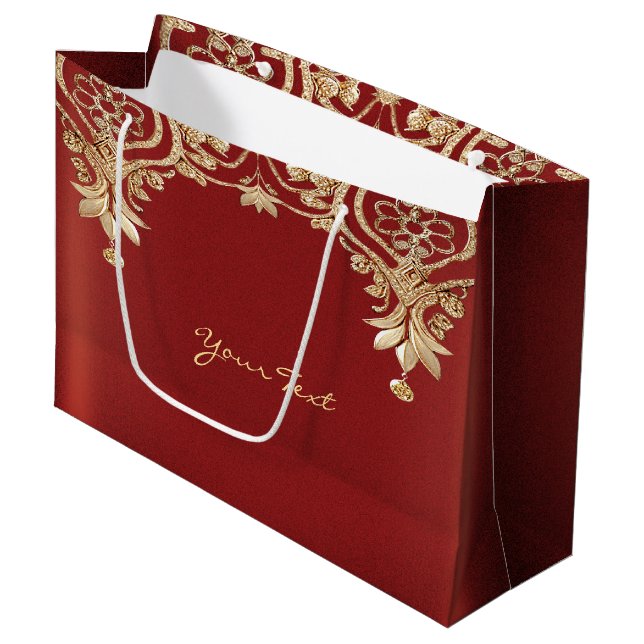 Sac cadeau or rouge floral moderne (Devant Angle)