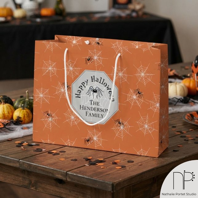 Sac Cadeau Orange Toile d'Araignée Squelettique (spider web Happy Halloween large black orange gift bag for halloween party or october celebration)