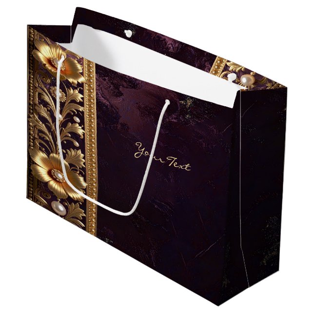 Sac Cadeau Ornement Floral Doré avec Perles (Devant Angle)