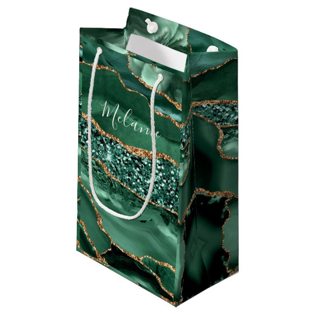 Sac Cadeau Paillettes Or Vert Emeraude Nom Personn (Devant Angle)