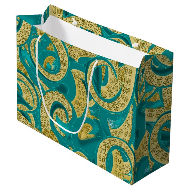 Sac cadeau pieuvre sarcelle or (Devant Angle)