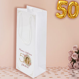 Sac Cadeau Pour Bouteille 50 ans et Fabuleux Anniversaire Photo Fleur Rose O