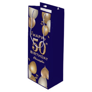 Sac Cadeau Pour Bouteille 50e Anniversaire Marine Bleu et Ballons d'or
