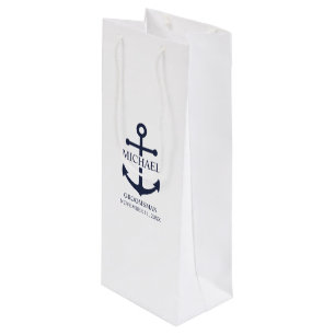 Sac Cadeau Pour Bouteille Ancre Bleue marine Nautique Groomsmen personnalisé
