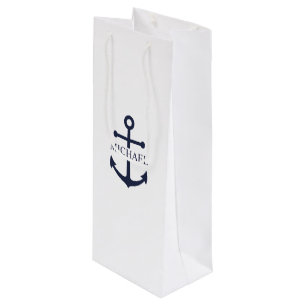 Sac Cadeau Pour Bouteille Ancre bleue marine Nom personnalisé