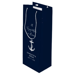 Sac Cadeau Pour Bouteille Ancre Nautionique Personnalisée Mariage Bleu Marin