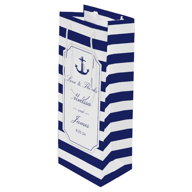 Sac Cadeau Pour Bouteille Ancre nautique Marine Stripe Love Merci Mariage (Devant Angle)