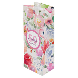 Sac Cadeau Pour Bouteille Anniversaire rose floraux nom monogramme