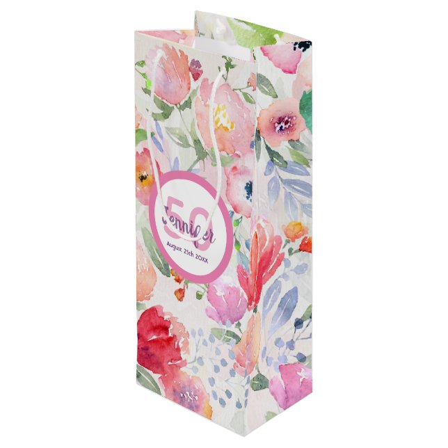 Sac Cadeau Pour Bouteille Anniversaire rose floraux nom monogramme (Dos Angle)