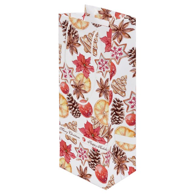 Sac Cadeau Pour Bouteille Aquarelle Éléments de Noël Motif sans couture (Dos Angle)