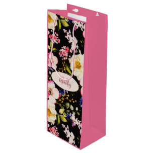 Sac Cadeau Pour Bouteille Aquarelle rose Roses jaunes sur noir, Monogramme