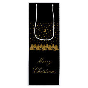 Sac Cadeau Pour Bouteille Arbre de Noël en or brillant, lune, étoiles sur no