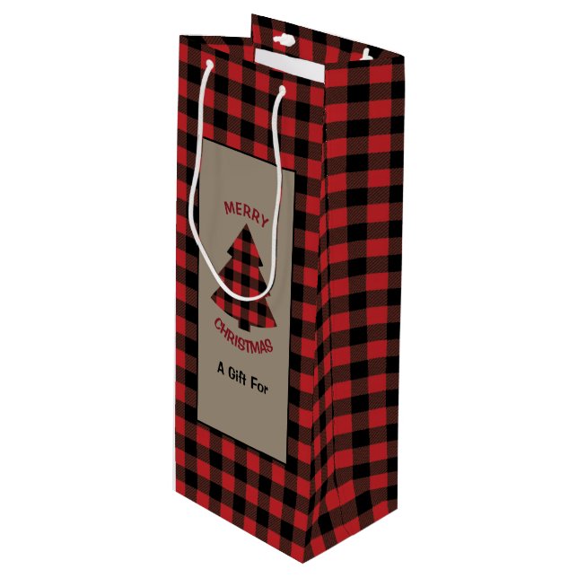 Sac Cadeau Pour Bouteille Arbre de Noël Plaid Buffalo Rouge (Devant Angle)