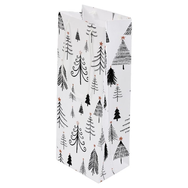 Sac Cadeau Pour Bouteille Arbres de Noël noirs et blancs (Devant Angle)