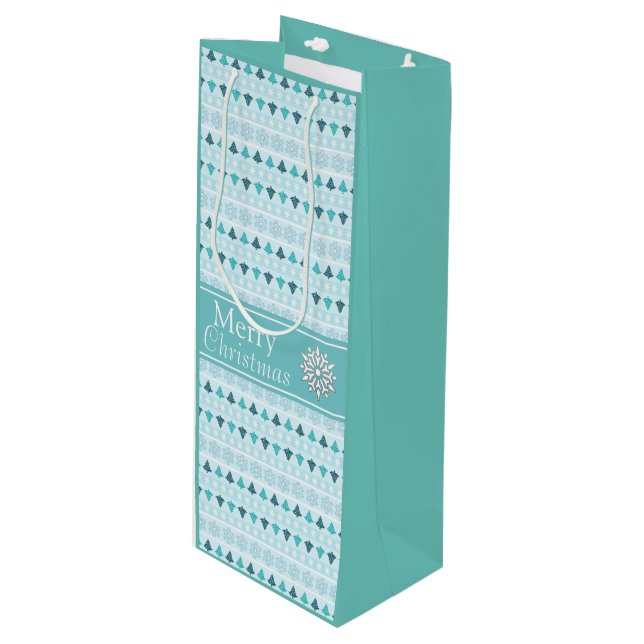 Sac Cadeau Pour Bouteille Arbres d'hiver et Snowflakes Motif Bleu (Devant Angle)