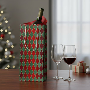 Sac Cadeau Pour Bouteille Arlequin Rouge Vert Élégant