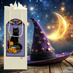 Sac Cadeau Pour Bouteille Art Nouveau Chat Noir Citrouille Violet Automne Ja