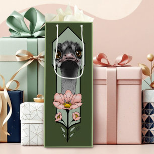 Sac Cadeau Pour Bouteille Autruche Rose Fleurs Vert Olive Art Déco