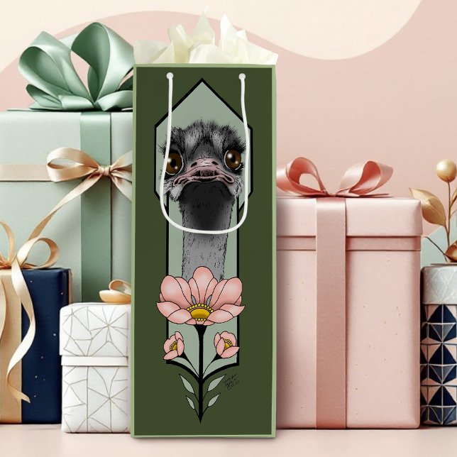 Sac Cadeau Pour Bouteille Autruche Rose Fleurs Vert Olive Art Déco (Créateur téléchargé)