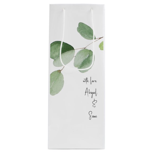 Sac Cadeau Pour Bouteille Avec Amour, Noms Personnalisés Eucalyptus Mariage (Devant)