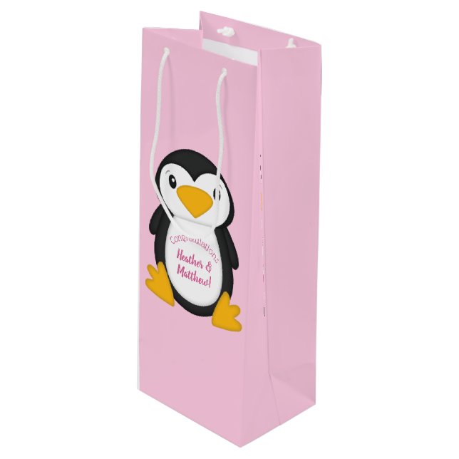 Sac Cadeau Pour Bouteille Baby shower de pingouin rose (Devant Angle)