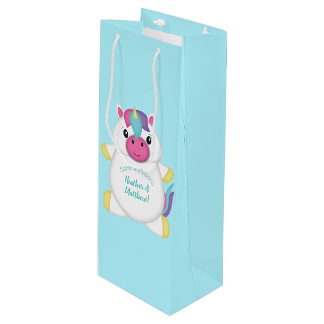 Sac Cadeau Pour Bouteille Baby shower Unicorn Turquoise (Devant Angle)