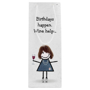 Sac Cadeau Pour Bouteille Baguette d'anniversaire Figure Girl avec verre de
