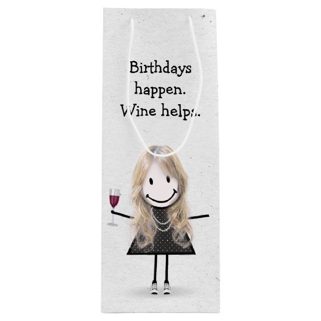 Sac Cadeau Pour Bouteille Baguette d'anniversaire Figure Girl avec vin rouge (Devant)