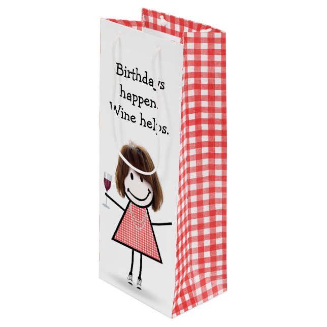 Sac Cadeau Pour Bouteille Baguette d'anniversaire Figure Girl avec vin rouge (Devant Angle)