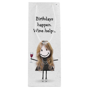 Sac Cadeau Pour Bouteille Baguette d'anniversaire Figure Girl avec vin rouge