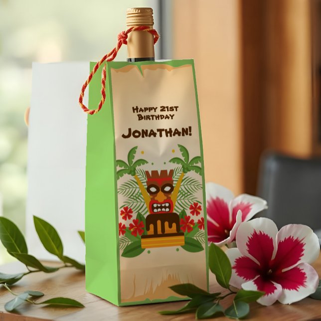 Sac Cadeau Pour Bouteille Bar Tropical Luau Tiki Amusant Retro Hawaiian Anni (This tiki themed birthday party wine gift bag brings the kitsch with a retro Hawaiian luau vibe.)