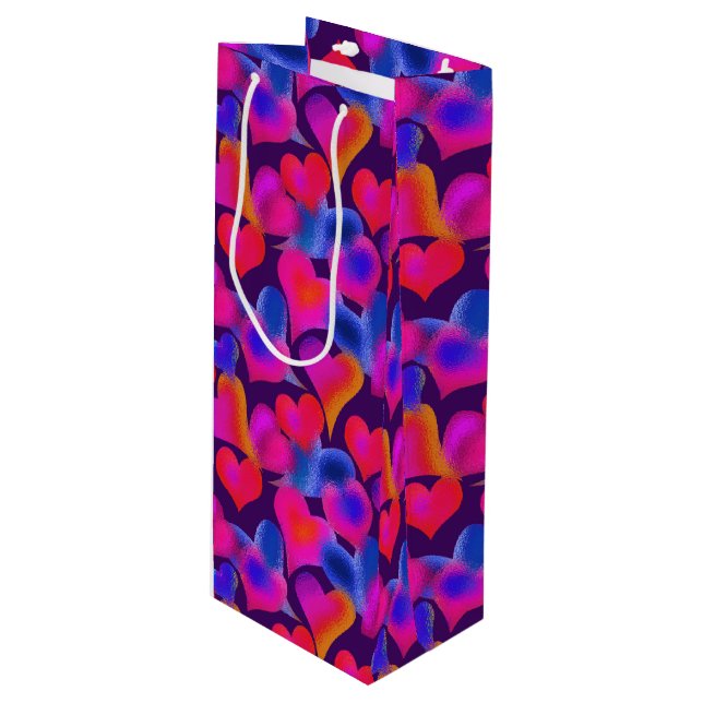 Sac Cadeau Pour Bouteille Beaux Coeurs Peints | Saint Valentin (Devant Angle)