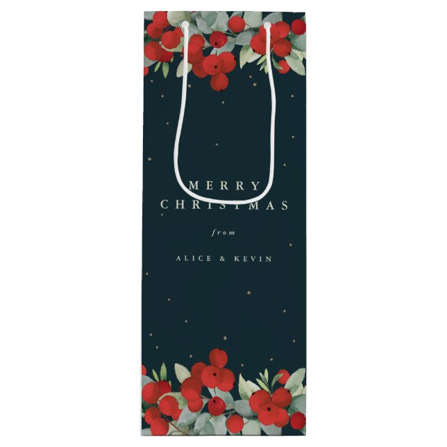 Sac Cadeau Pour Bouteille Berry rouge foncé + Eucalyptus Noël/Fêtes (Devant)