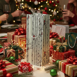 Sac Cadeau Pour Bouteille Birch Trees modernes et Red Cardinal Birds