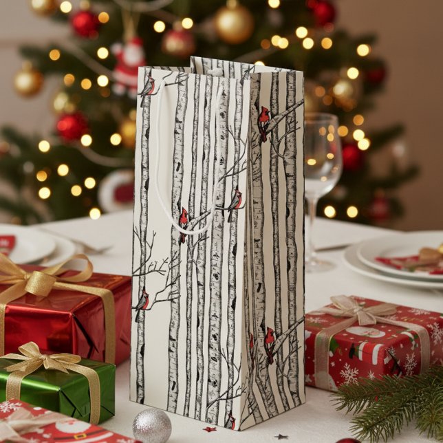 Sac Cadeau Pour Bouteille Birch Trees modernes et Red Cardinal Birds (Festive Merry Christmas Rustic Birch Trees & Red Cardinal Birds Winter Elegant Ivory Wine Gift Bag )