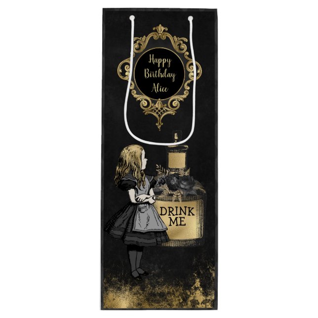 Sac Cadeau Pour Bouteille Black et Gold Alice me boire (Devant)