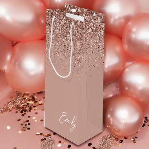 Sac Cadeau Pour Bouteille Blush Rose Gold Glitter Monogramme Féminin