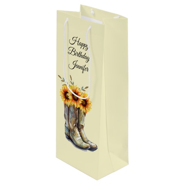 Sac Cadeau Pour Bouteille Bottes rustiques Cowboy avec tournesol Anniversair (Devant Angle)