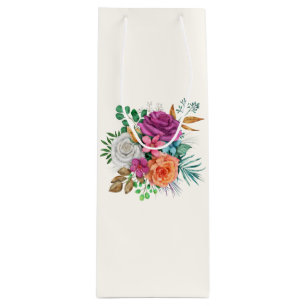 Sac Cadeau Pour Bouteille Bouquet floral rose, orange et blanc