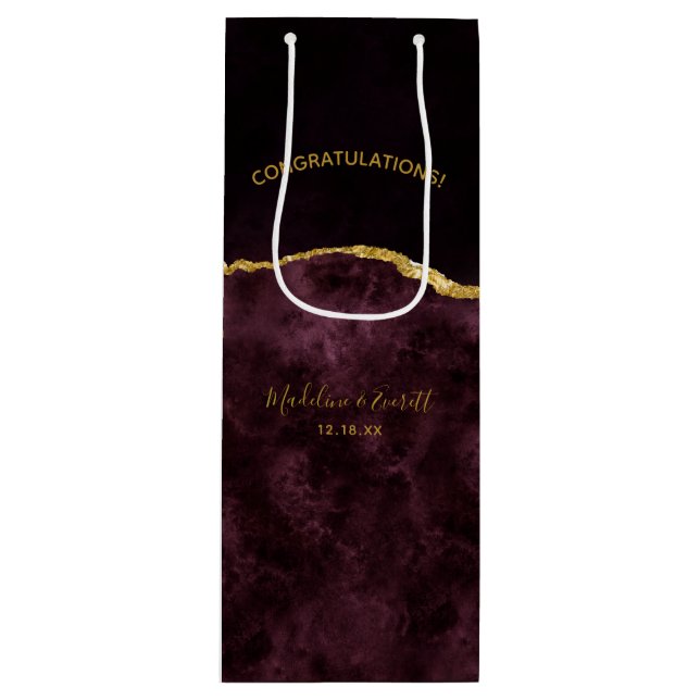 Sac Cadeau Pour Bouteille Bourgogne Gold Foil Agate Mariage Félicitations (Devant)