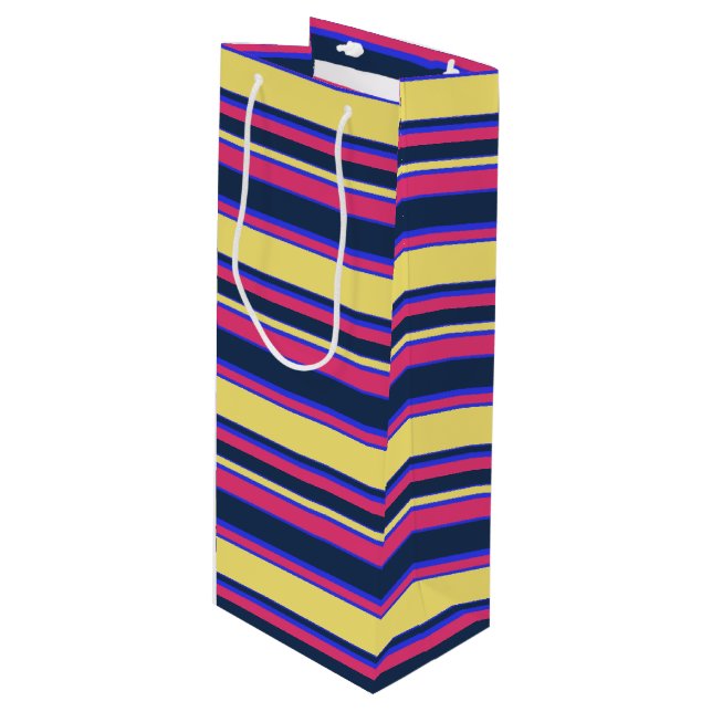 Sac Cadeau Pour Bouteille Brayures rose, jaune et bleue (Devant Angle)