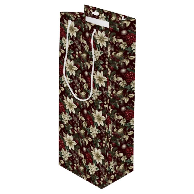 Sac Cadeau Pour Bouteille Burgundy Traditional Christmas Floral (Devant Angle)