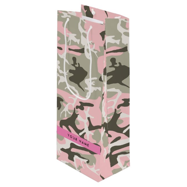 Sac Cadeau Pour Bouteille Camouflage rose et vert Votre nom Personnalisez (Devant Angle)