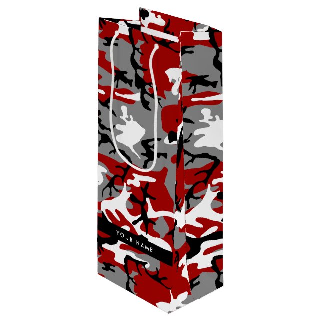 Sac Cadeau Pour Bouteille Camouflage rouge et gris Votre nom Personnaliser (Devant Angle)