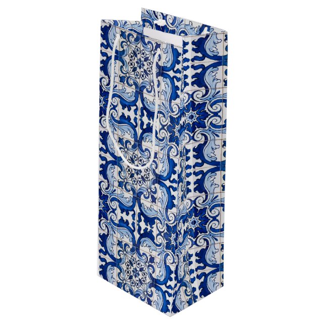 Sac Cadeau Pour Bouteille Carrelage d'azulejo antique motif floral (Devant Angle)